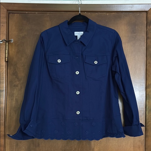 Blue Button-Up Jacket wore once closer to denim style with embroidery approx. 4” - Picture 1 of 4